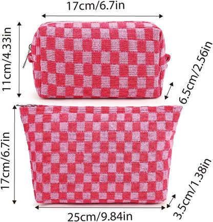 AIMALL 2PCS Checkered Makeup Bag for Purse - Portable Zipper Cosmetic Pouch, Small Travel Case for Accessories, 9.84in & 6.7in