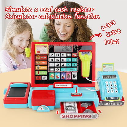 PanKome Cash Register Toys for Kids - Interactive Pretend Play Grocery Store Set with Calculator, Scanner, Food, Microphone, Educational Learning Toy for Toddler Boys and Girls 3 4 5 6 7 8 Year Old