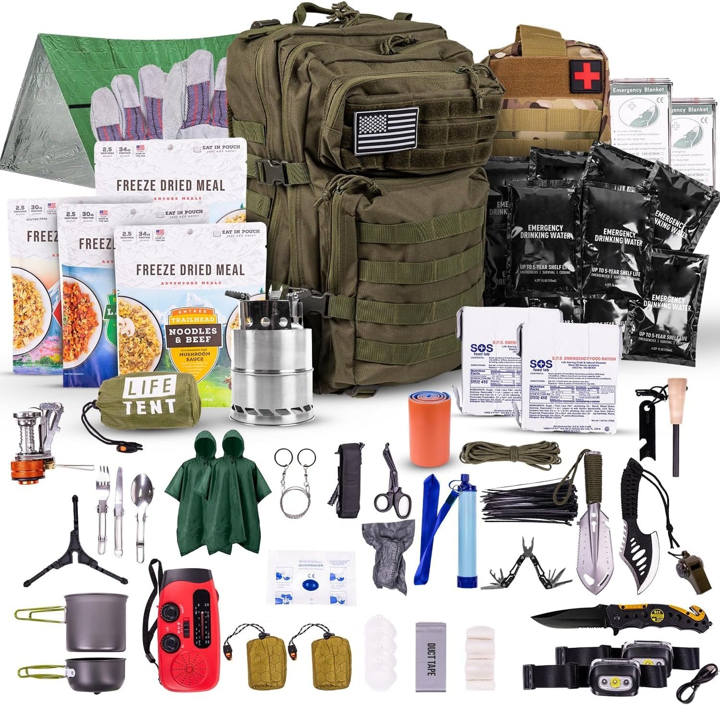 72-Hour Survival Kit | 45L Bug Out Bag | Survival Gear with First Aid, Water Filter, Food, Tools | Camping, Hiking, Outdoor Preparedness Equipment