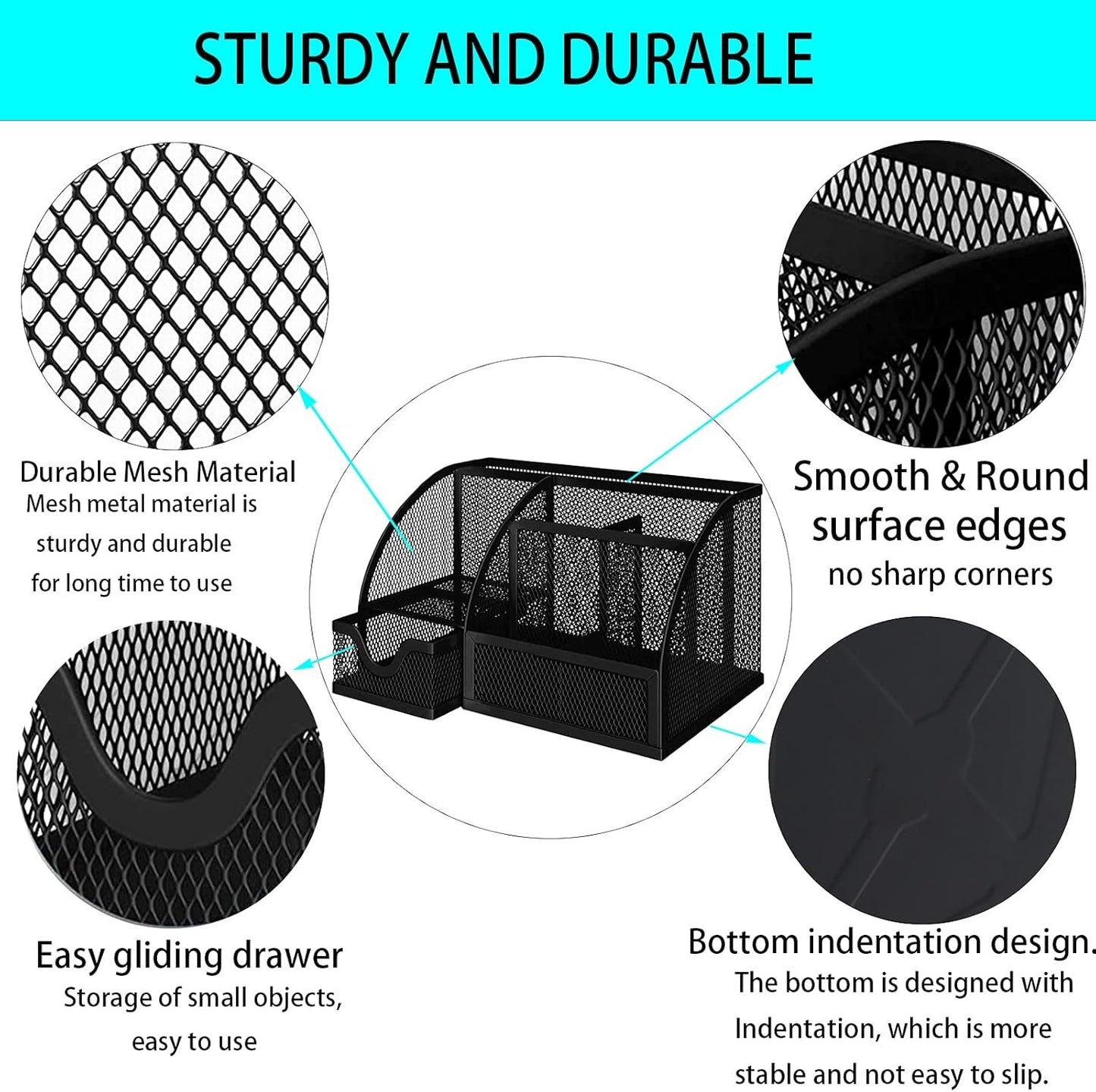 ZDZBLX Desk Organizers, Metal Mesh Stationery Desktop Organizer, Pen Holder Desk Organizer and Storage Office Supplies Desk Accessories Essentials Caddy with Drawer for Home, Office, School (Black)
