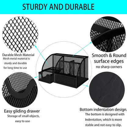 ZDZBLX Desk Organizers, Metal Mesh Stationery Desktop Organizer, Pen Holder Desk Organizer and Storage Office Supplies Desk Accessories Essentials Caddy with Drawer for Home, Office, School (Black)