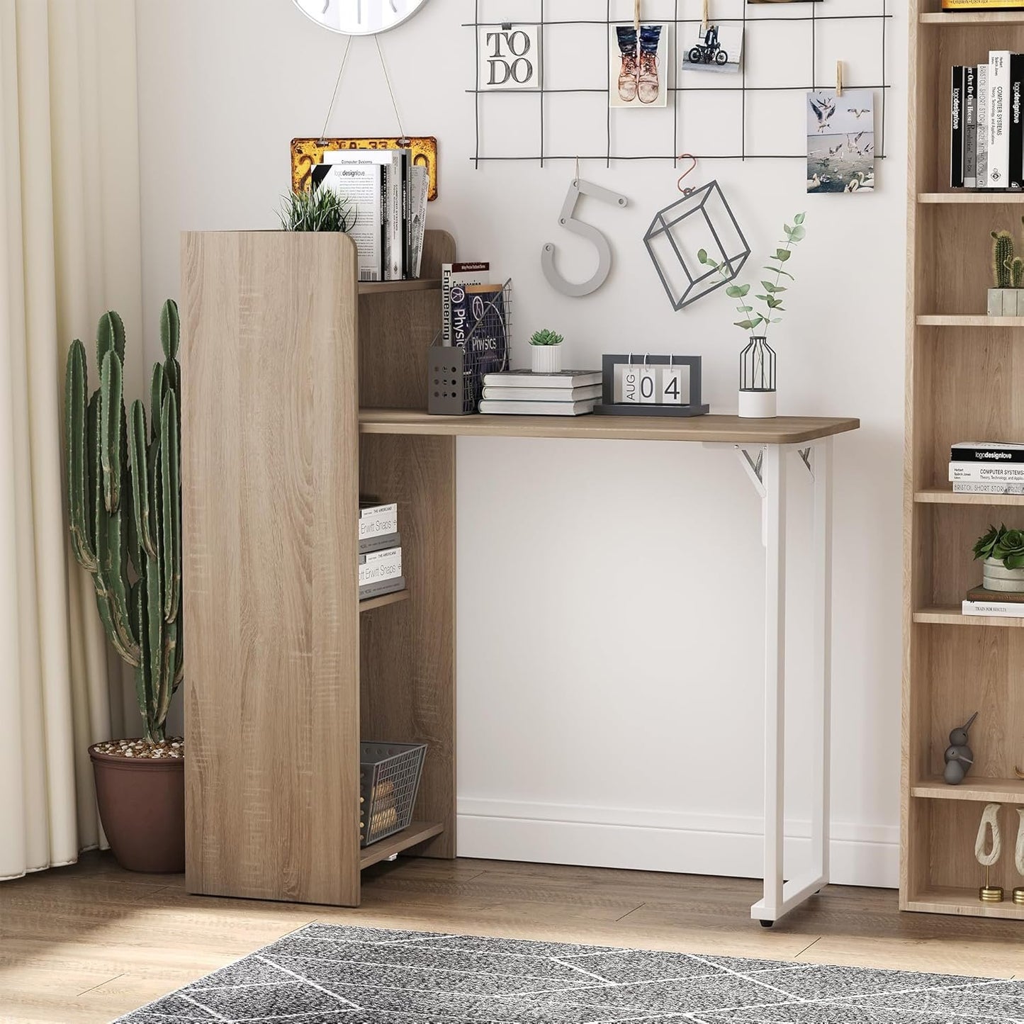HOMCOM 2 in 1 Folding Table, Drop Leaf Table, Space Saving Dining Table with 4-Tier Shelf for Small Spaces, Oak