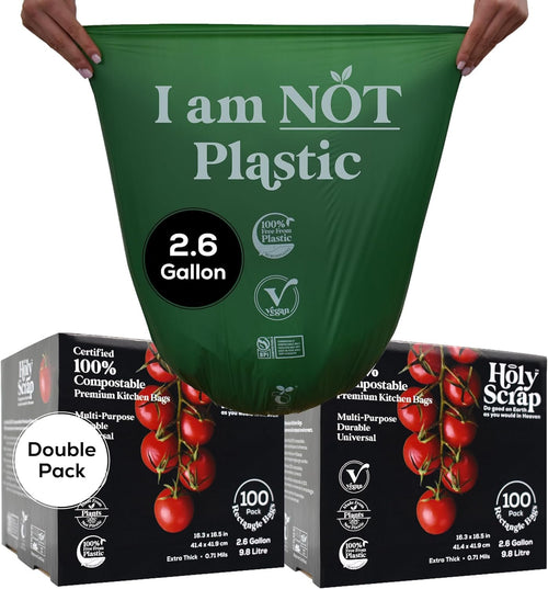 Holy Scrap! Compostable Trash Bags Small - Pack of 200 - Kitchen Compost Bags 2.6 Gallon Trash Bags - Compost Biodegradable Bags 1-3 Gallon Countertop Garbage Bin - Bathroom Bio Mini Trash Can Liners