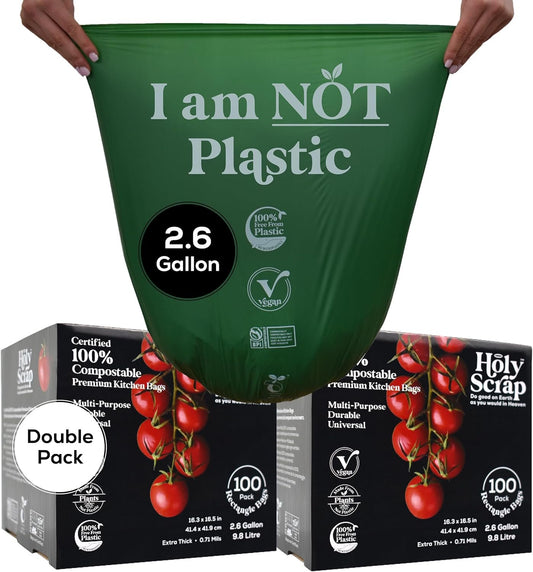 Holy Scrap! Compostable Trash Bags Small - Pack of 200 - Kitchen Compost Bags 2.6 Gallon Trash Bags - Compost Biodegradable Bags 1-3 Gallon Countertop Garbage Bin - Bathroom Bio Mini Trash Can Liners
