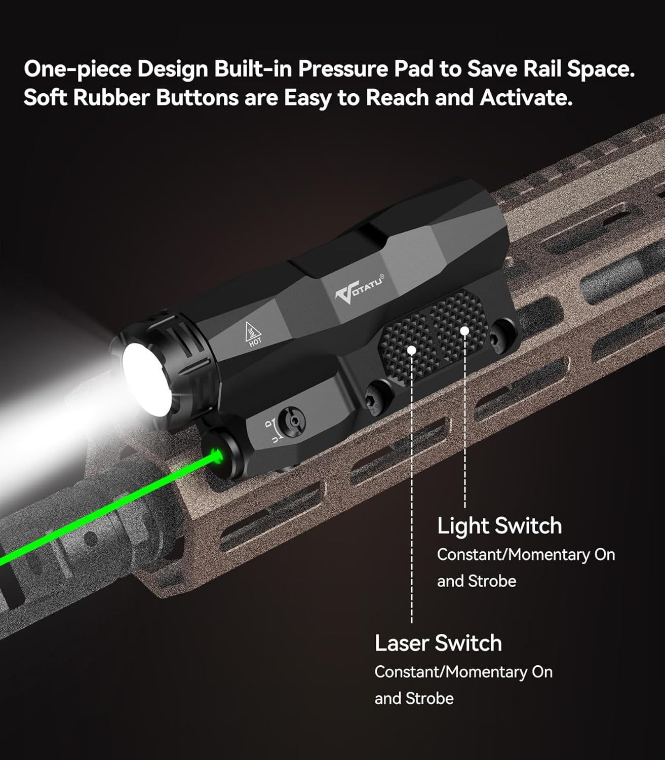 VOTATU M6L-G Picatinny/Mlok Flashlight Laser Combo Built-in Touch Pad Switch, Max 2400 Lumens LED Light and Green Laser with Tactical Strobe Mode, USB Magnetic Rechargeable
