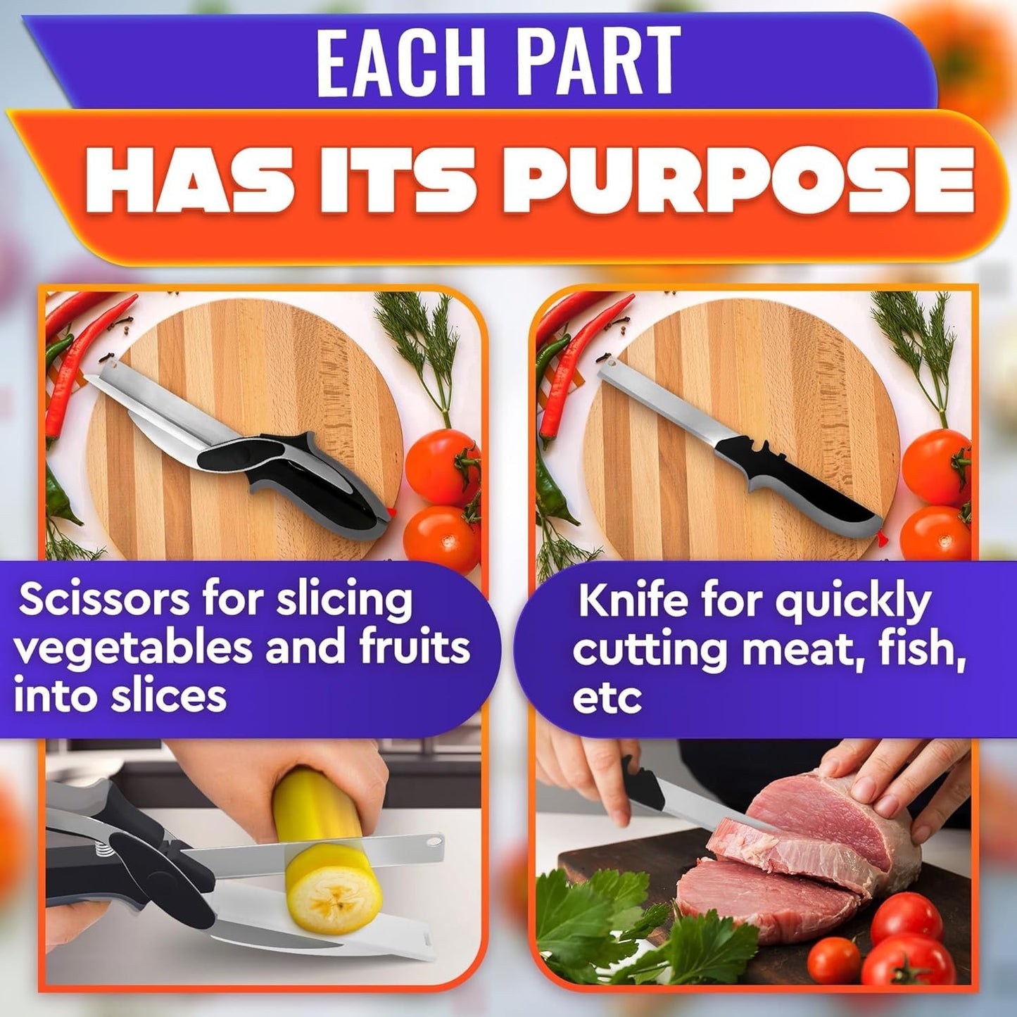 Kitchen Scissors for Food â€“ 2-in-1 Cutting Board Scissors & Knife with Locking Mechanism & Stainless Steel Blades â€“ Multifunctional Kitchen Shears for Effortless Chopping, Slicing & Meal Prep