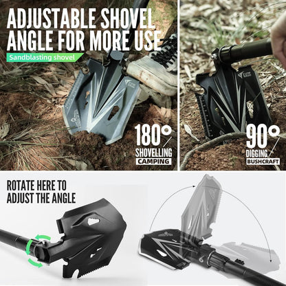 Zune Lotoo Tactical Shovel Survival Tool, 18 in 1 Small Camping Folding Multitool Compact Entrenching Tool Heavy Duty for Hiking Backpack Emergency Spade Lightweight Car Truck Gift Survivalist,Black