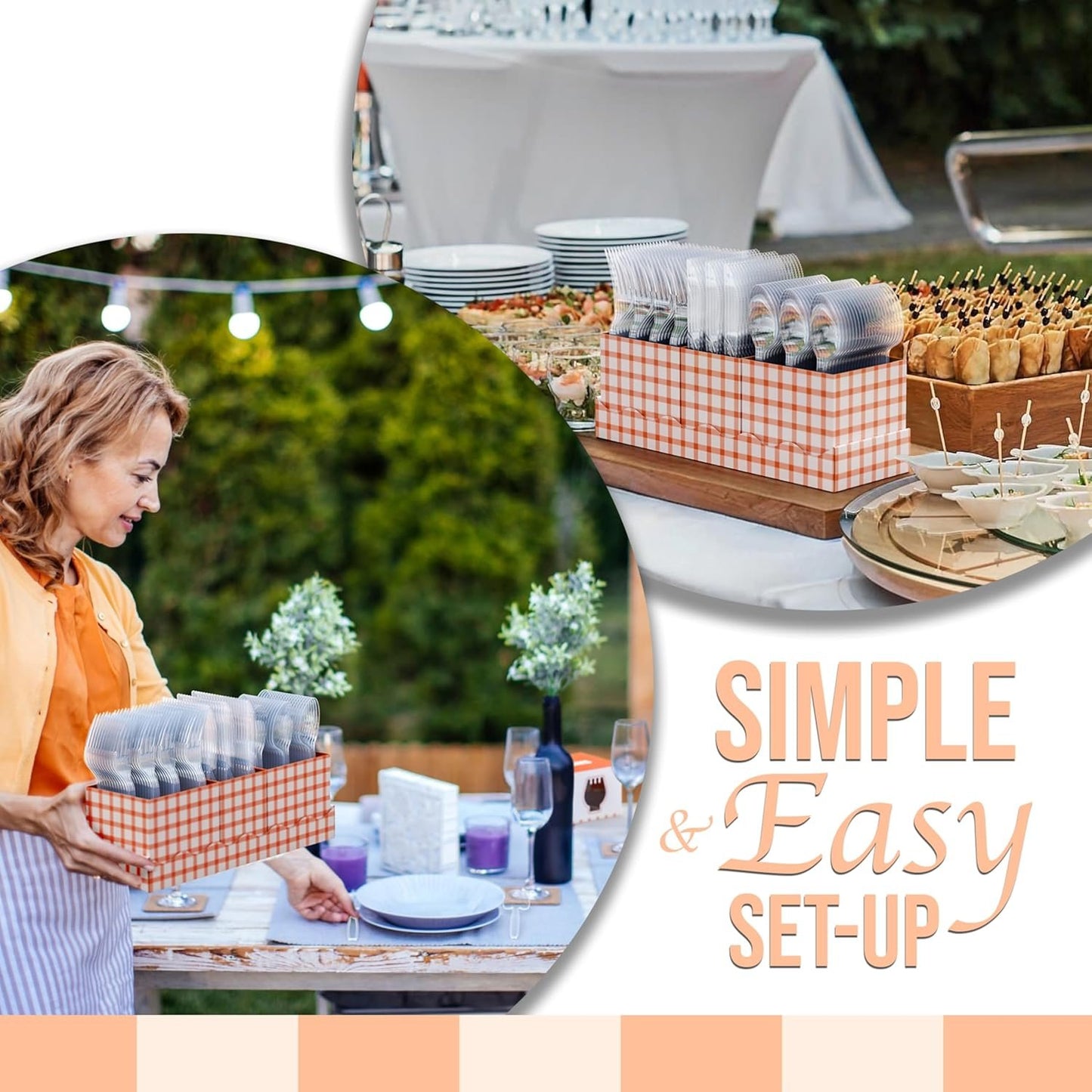 Exquisite Utensil Caddy Organizer with Clear Plastic Forks and Spoons & Knives Gingham Kitchen Utensil Holder for Party with 3 x 100 Plastic Spoons and Forks Disposable Knives Clear Cutlery Set