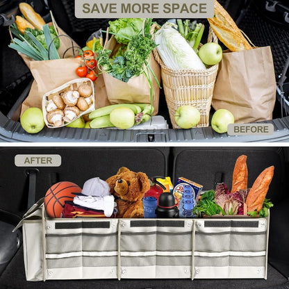 Car Trunk Organizer with Insulated Leakproof Cooler Bag, 4 in 1 Waterproof Portable Car Storage Organizer with Collapsible Cover, 3 Large Compartments, Trunk Organizer for SUV, Car, Truck (Beige)