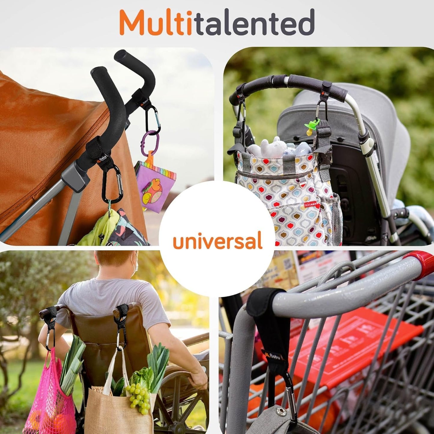 Baby Uma Stroller Hooks for Hanging Bags (2-Pack) - Universal Stroller Caddy Clips, Carry 5 kg per Mommy Clip, Carabiner Large, Baby Travel Essentials, New Mom Essentials, Wheelchair Accessories