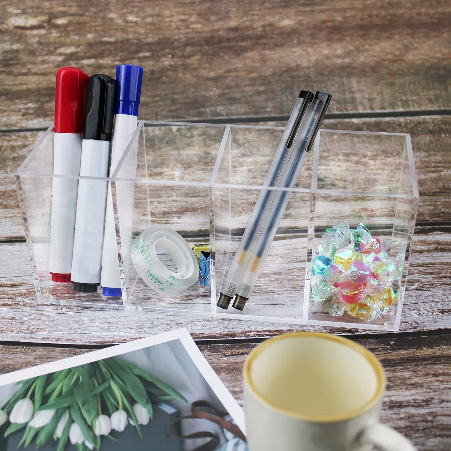 QPEY Acrylic Pen Holder 4 Compartments,Clear Pen Holder Organizer Makeup Brush Holder for Office Desk Accessories,Cosmetic Brush Storage Box,Dorm,Bathroom,Kitchen (Clear)