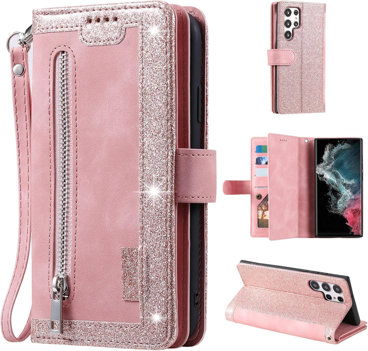 UEEBAI Wallet Case for Samsung Galaxy S22 Ultra 5G, Retro 9 Card Holder Slots Zipper Pocket Handbag Case PU Leather Magnetic Closure Kickstand with Wrist Strap TPU Shockproof Flip Case - Rose Gold