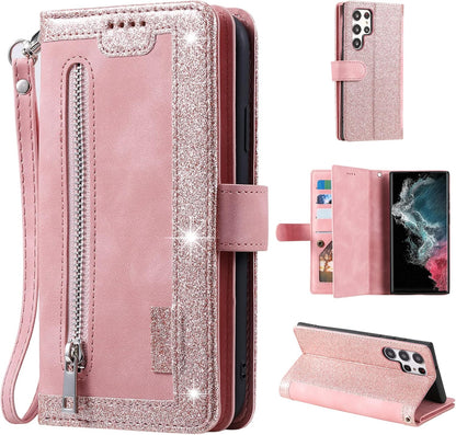 UEEBAI Wallet Case for Samsung Galaxy S22 Ultra 5G, Retro 9 Card Holder Slots Zipper Pocket Handbag Case PU Leather Magnetic Closure Kickstand with Wrist Strap TPU Shockproof Flip Case - Rose Gold