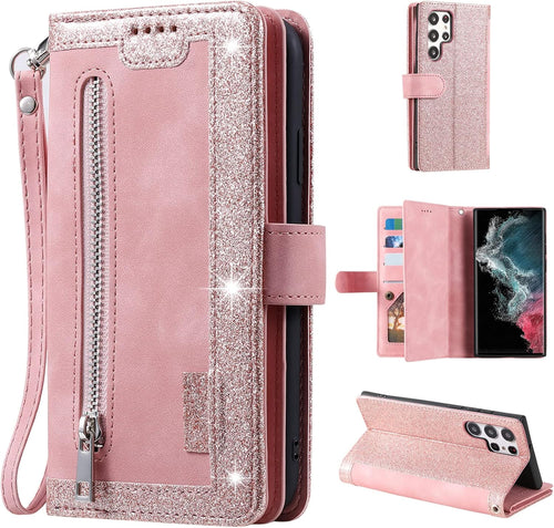 UEEBAI Wallet Case for Samsung Galaxy S22 Ultra 5G, Retro 9 Card Holder Slots Zipper Pocket Handbag Case PU Leather Magnetic Closure Kickstand with Wrist Strap TPU Shockproof Flip Case - Rose Gold