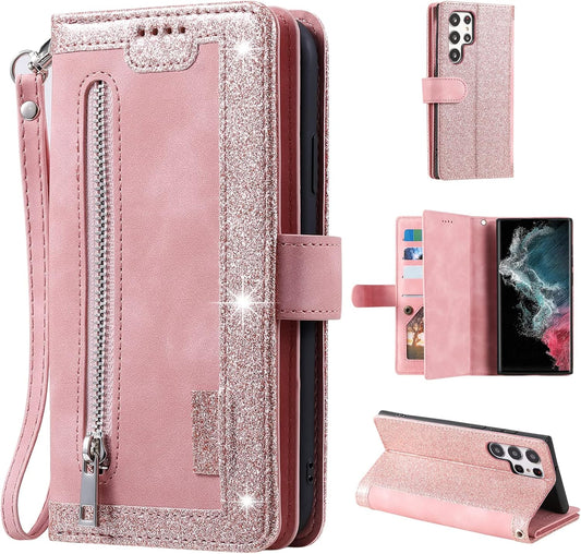 UEEBAI Wallet Case for Samsung Galaxy S22 Ultra 5G, Retro 9 Card Holder Slots Zipper Pocket Handbag Case PU Leather Magnetic Closure Kickstand with Wrist Strap TPU Shockproof Flip Case - Rose Gold