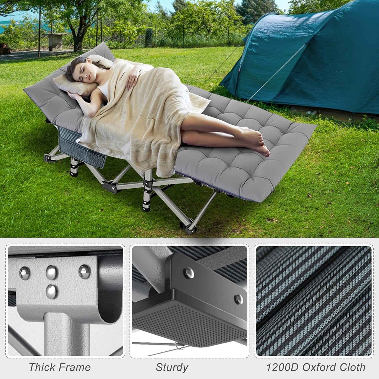ABORON Folding Camping Cot W/Mat for Adults, Heavy Duty Outdoor Bed with Carry Bag,1200 D Layer Oxford Travel Camp Cots