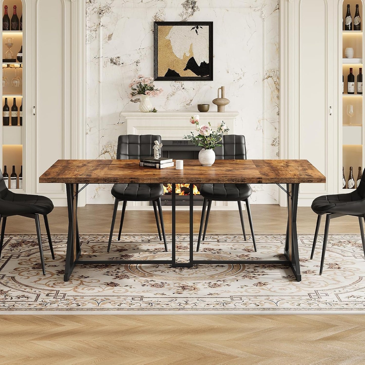 HOOBRO Dining Table, 180 cm Kitchen Dining Room Table with Sturdy Metal Frame, Rectangle Furniture with Heavy Duty Legs & Wooden Top, for Home Kitchen Living Room, Rustic Brown and Black BF180CZ01