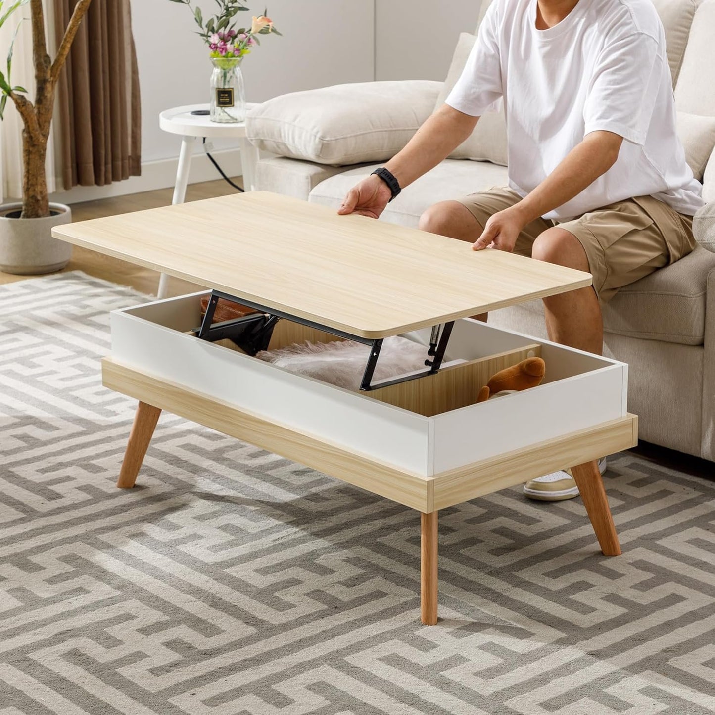 Forevich Coffee Table Lift Top Cabinet Fully Assembled with Hidden Storage Compartment Multi-Function Convertible Rising Tabletop Central Dining Table for Living Room Home Office Natural