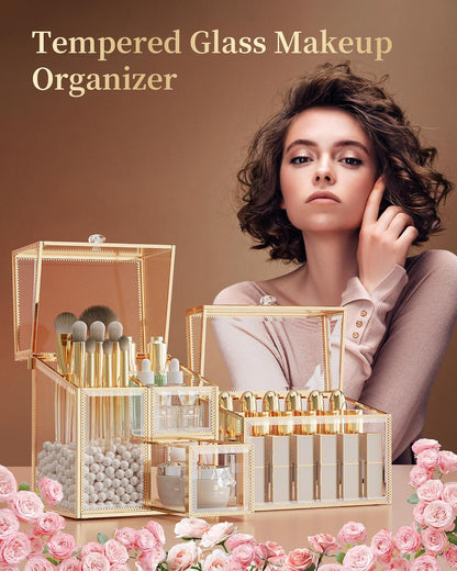 Glass Makeup Organizer Set – Vanity Organizer with 18-Slot Lipstick Organizer & Makeup Brush Holder with Lid – Skincare, Perfume & Cosmetic Storage for Bathroom or Dresser