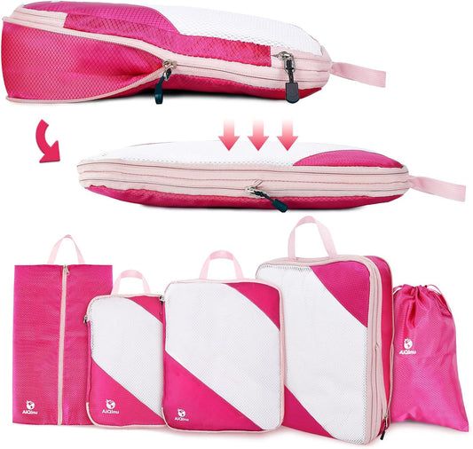 AiQInu 5 Piece Suitcase Organizer, Compression Packing Cube Space-Saving Expandable Ultralight Travel Organizer for Clothes, Shoes, Underwear Travel Set for Backpacks or Hand Luggage (Pink)