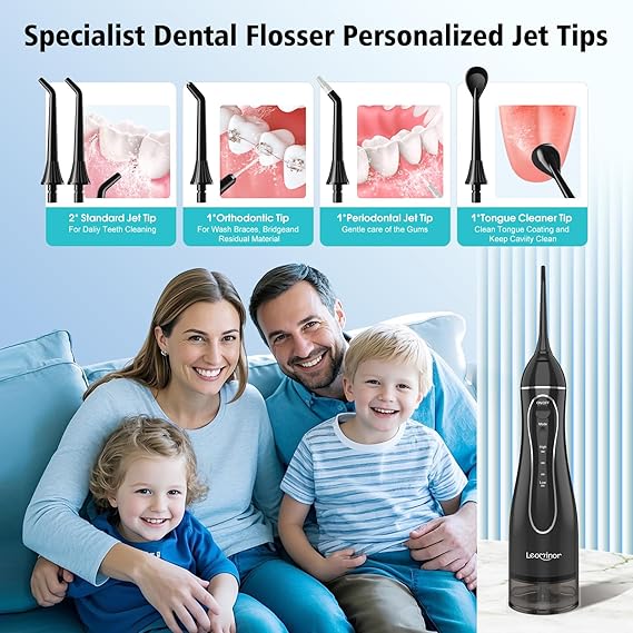 Leominor Water Dental Flosser Pick for Teeth, 300ML Portable Oral Irrigator Upgraded Tank Removable,IPX7 Waterproof, Rechargeable Travel Teeth Cleaner, Professional Electric Flossing Machine (Black)