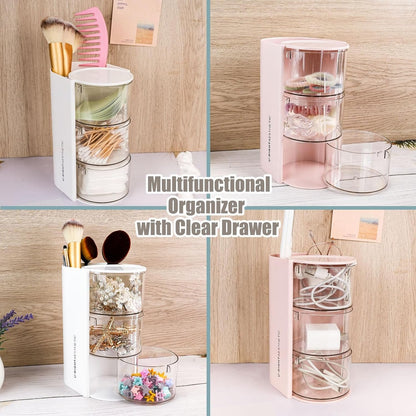 WCHOSOZH 3-Tier Clear Hair Accessories Organizer with Hair Brushes Holder, Rotatable Drawer Makeup Sponge Holder Desktop Organizer Case for Makeup Brushes,Lipsticks,Q-tip,Stationeries (White)