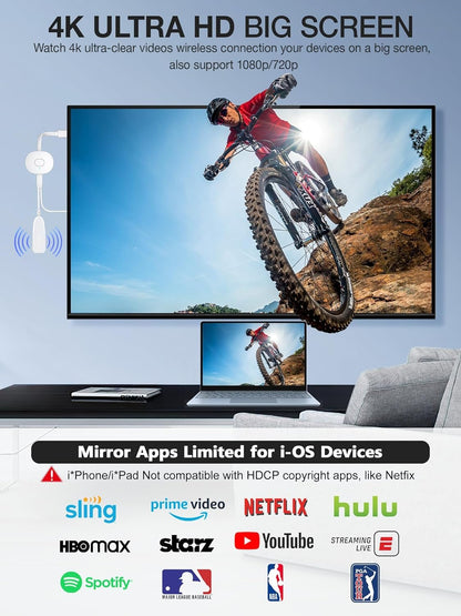 4K Wireless HDMI Display Dongle, TIMBOOTECH Miracast Adapter Streaming YouTube Video/Audio Receiver for iPhone/iPad/iOS/Android/Mac/Laptop/PC to TV/Projector/Monitor - Miracast, DLNA, Airplay