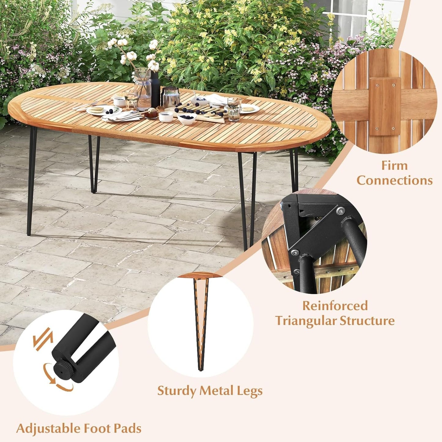 Tangkula 79-Inch Patio Dining Table, Indoor & Outdoor Dining Table w/Umbrella Hole, Acacia Wood Tabletop & Sturdy Metal Legs, Wood Oval Table for 8 People for Patio Yard Garden Deck