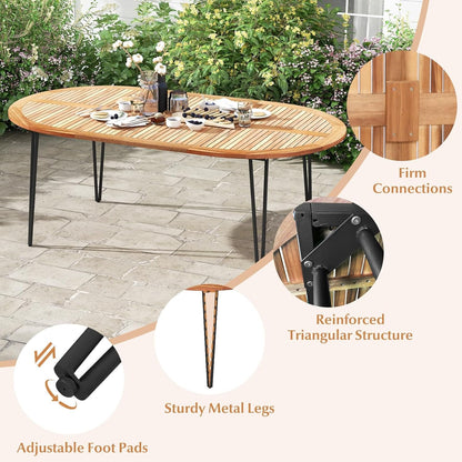 Tangkula 79-Inch Patio Dining Table, Indoor & Outdoor Dining Table w/Umbrella Hole, Acacia Wood Tabletop & Sturdy Metal Legs, Wood Oval Table for 8 People for Patio Yard Garden Deck