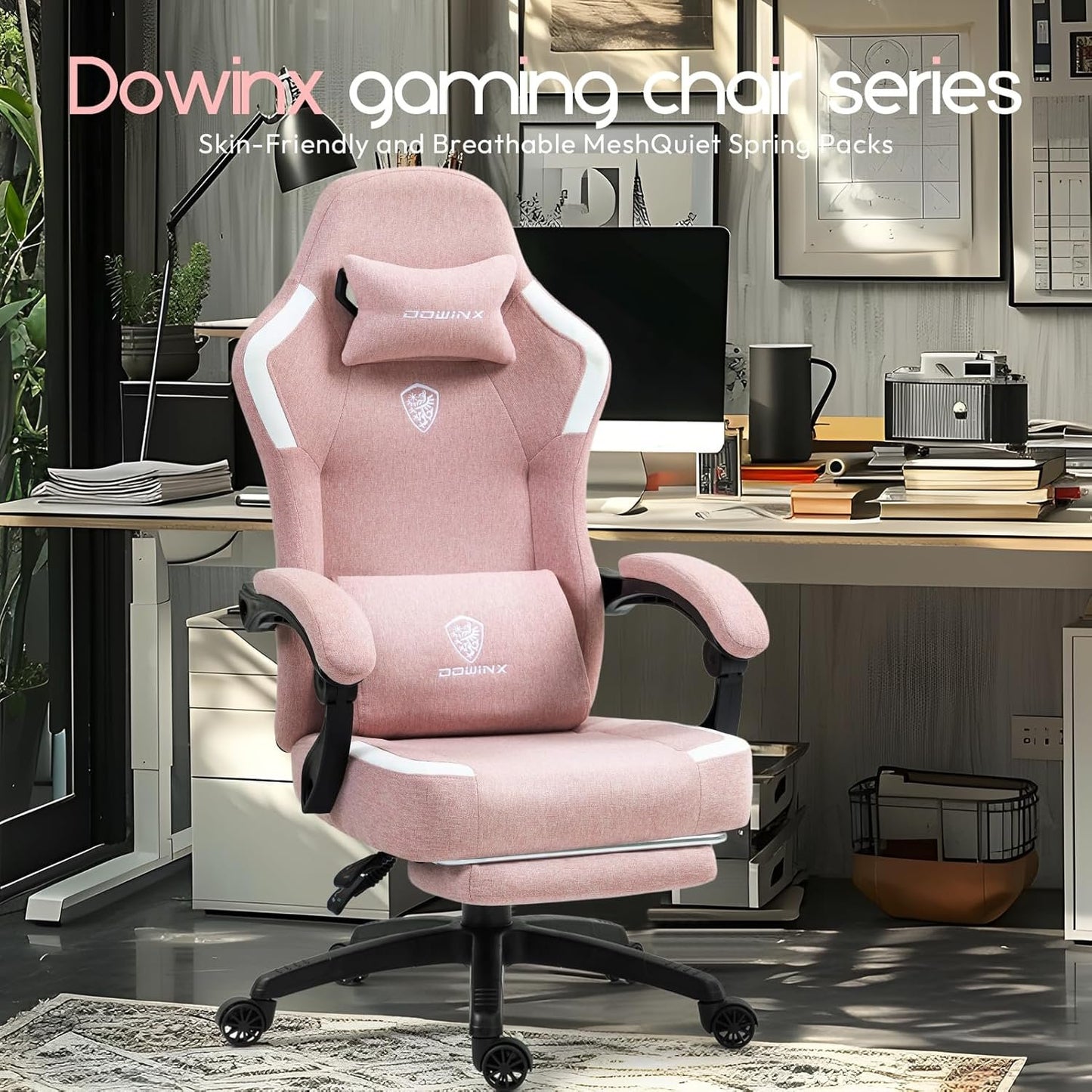 Dowinx Fabric Gaming Chair with Pocket Spring Cushion,Breathable Computer Chair with Massage Lumbar Support and Footrest,High Back Game Office Chair for Adult,Pink