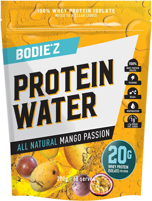 BODIE’Z Whey Protein Water Powder - 20g Protein Per Serve, Less than 1g Sugar Fat and Carbs 11 Vitamins and Minerals, Supplement for Lean Muscle Growth & Recovery, Mix with Water, 290g Mango Passion