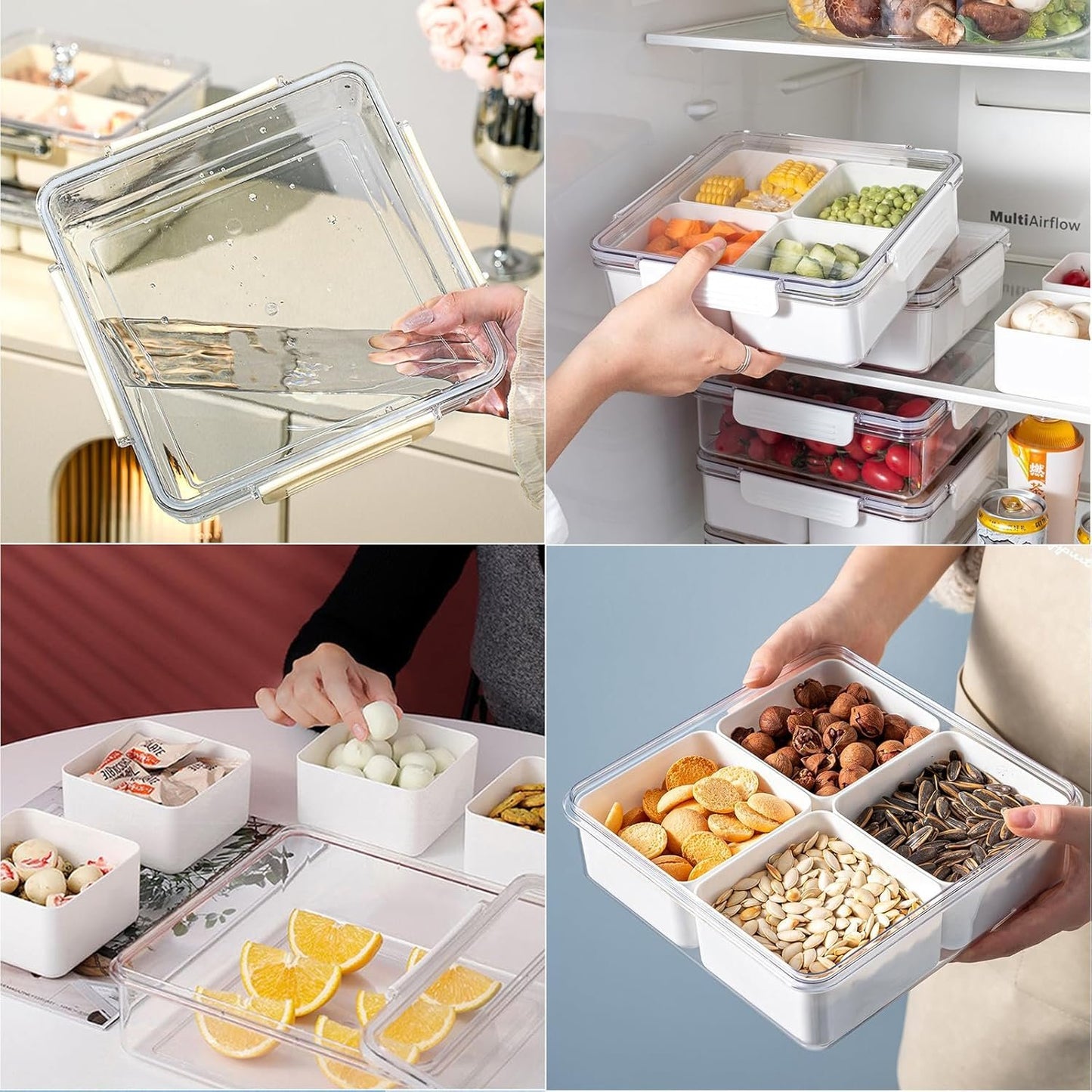 Famiredo Food Storage Organizer with Lid, Divided Serving Tray with 4 or 5 Removable Boxes, Stackable Refrigerator Organizer Bins Produce Saver for Meal Prep (Square)