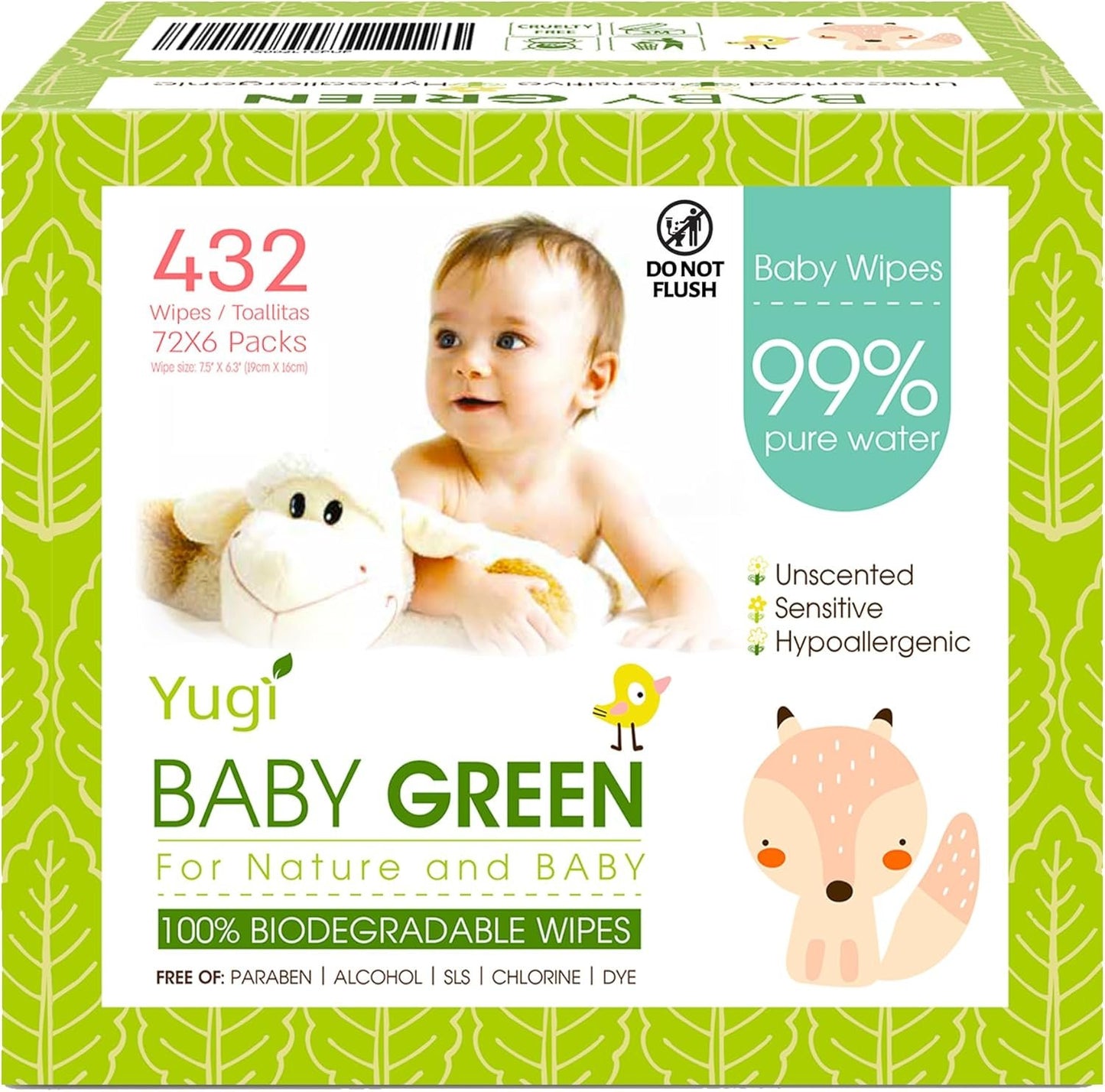 Yugi Green Baby Wipes â€“ Unscented, Compostable, Biodegradable, Plant-Based, Fragrance-Free, for Sensitive Skin & Babies â€“ 6 Packs of 72 (432 Count)