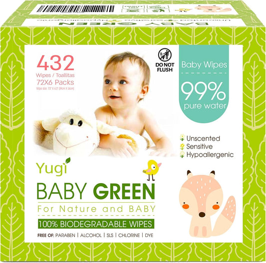 Yugi Green Baby Wipes â€“ Unscented, Compostable, Biodegradable, Plant-Based, Fragrance-Free, for Sensitive Skin & Babies â€“ 6 Packs of 72 (432 Count)