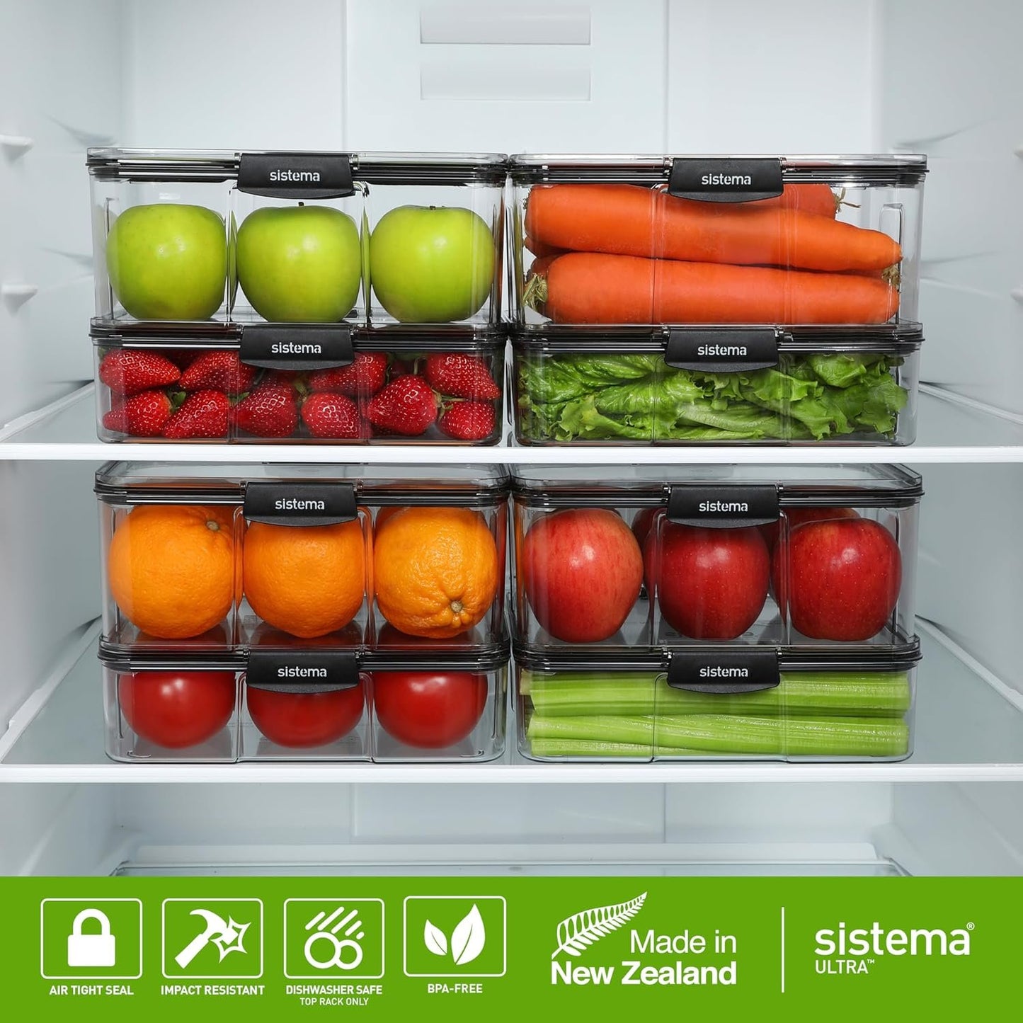 Sistema Ultra 1.73L Rectangle Food Storage Container | Stackable | Airtight Pantry Storage Container with Locking Clips | BPA & Phalate Free | Clear with Black Accents