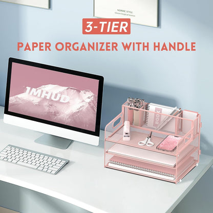 JMHUD 3-Tier Paper Letter Tray Organizer with Pen Holder, Mesh Desk Accessories & Workspace Organizers with Handle, File Sorter Office Supplies for Desk,Pink