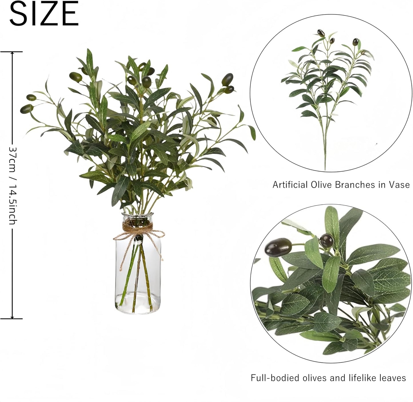 Avoik Artificial Plants Olive Branch in Glass Vase, 14.5” Fake Plant Greenery Stems with Olive Branches Faux Eucalyptus Stems for Home Office Farmhouse Wedding Table Centerpiece Décor