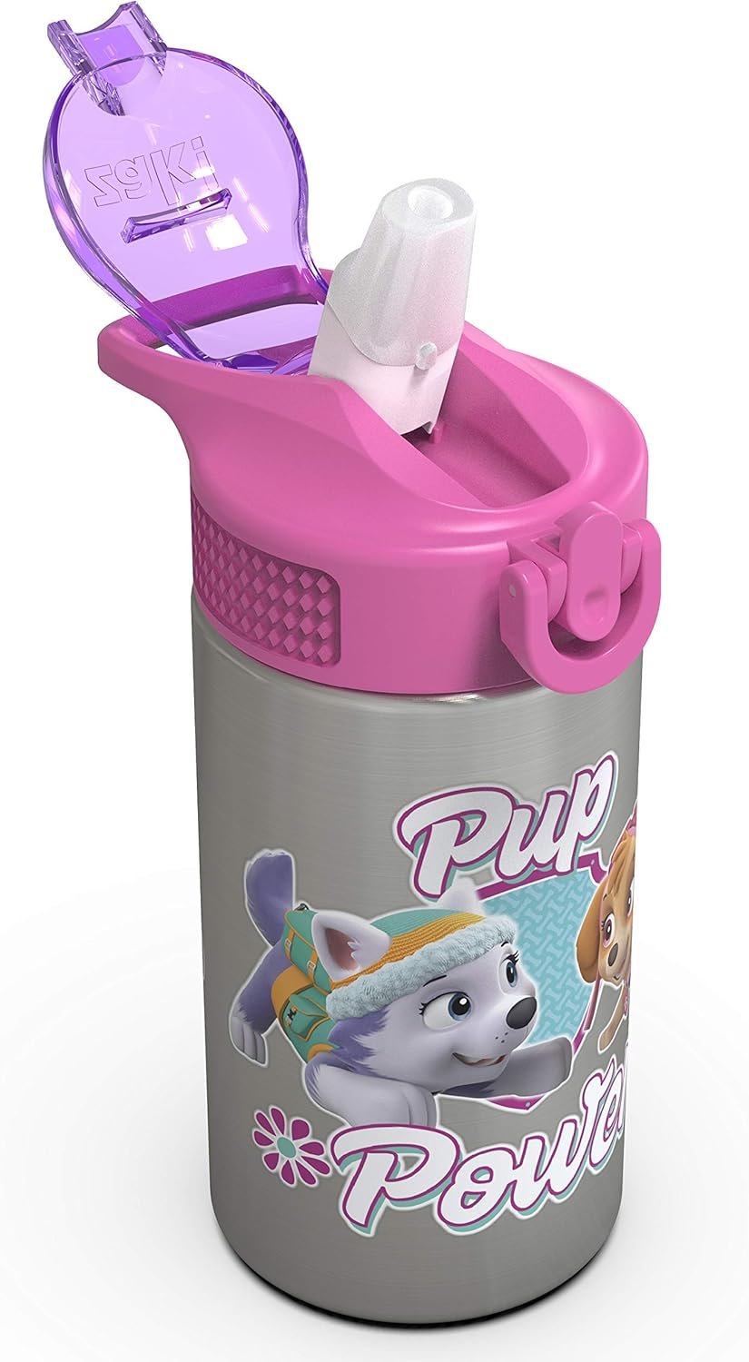 Zak Designs Paw Patrol Skye - Stainless Steel Water Bottle with One Hand Operation Action Lid and Built-in Carrying Loop, Kids Water Bottle with Straw Spout is Perfect for Kids (15.5 oz, BPA-Free)