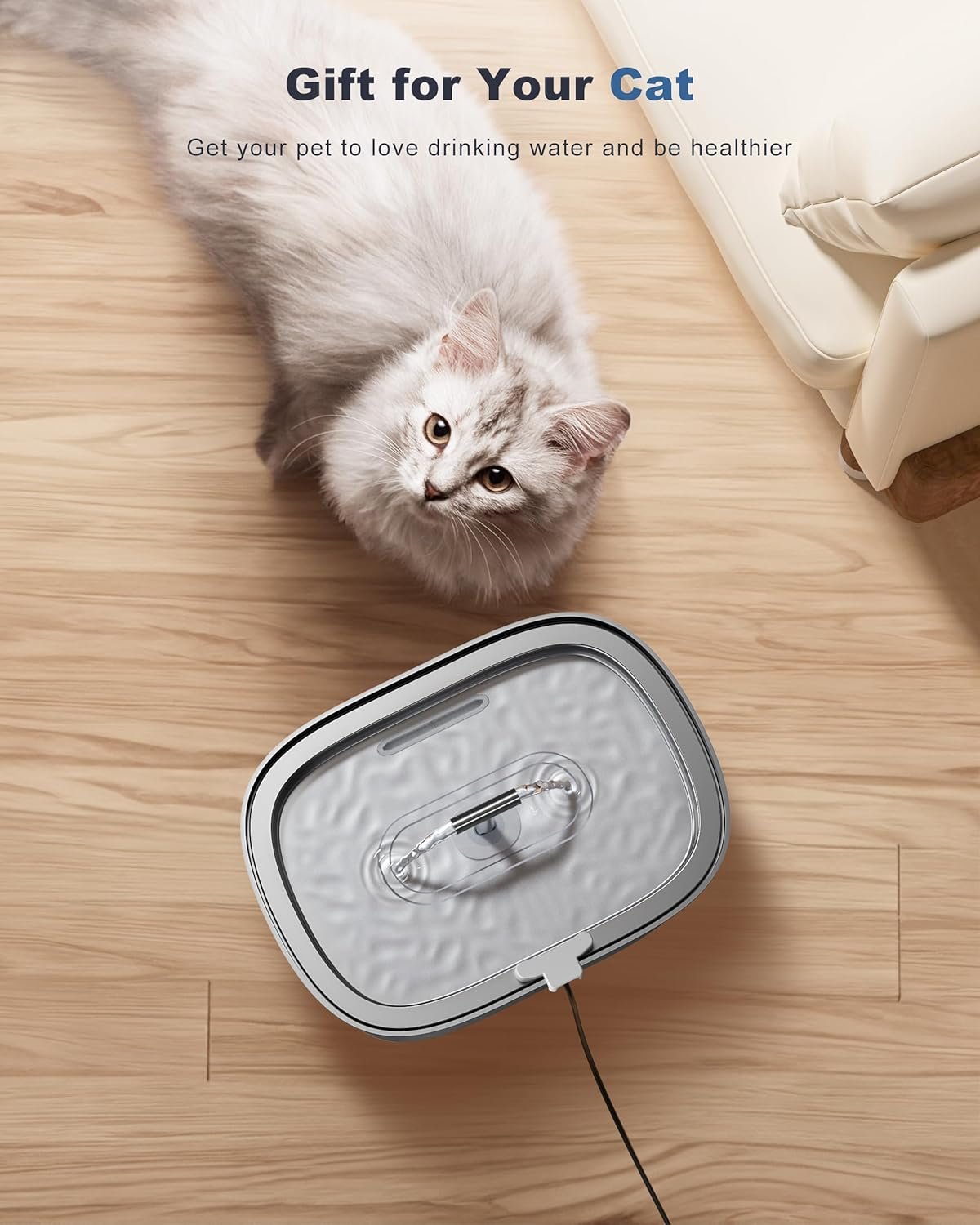 Cat Water Fountain Stainless Steel: 3.2L/108oz Pet Fountain Water Bowl Automatic Drinking Dispenser Cat Feeding & Watering Supplies, Ultra-Quiet Pump & Replacement Filter for Cats Inside(Navy)