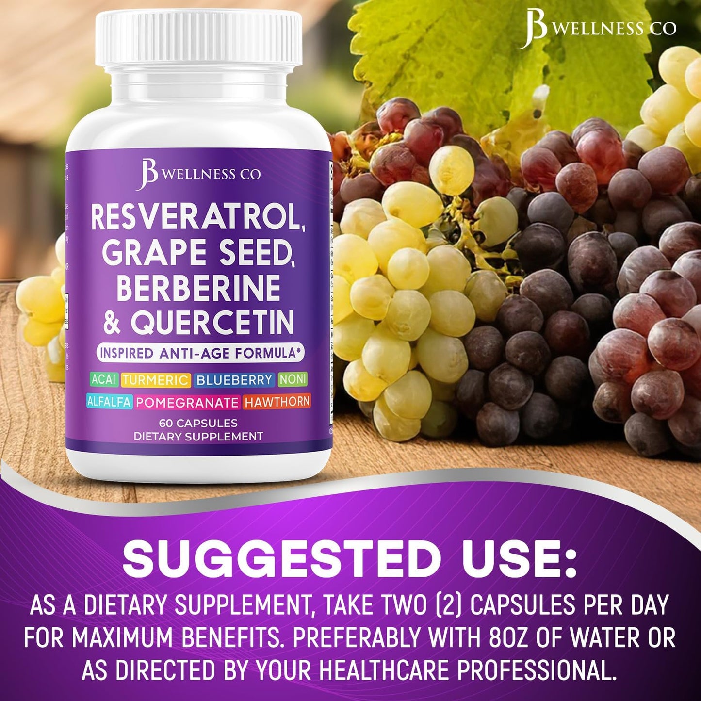 JB Wellness Resveratrol Grape Seed Extract, Berberine, Quercetin - Polyphenol Supplement for Women and Men with Noni Extract, N-Acetyl Cysteine, Acai Extract - 60 Capsules