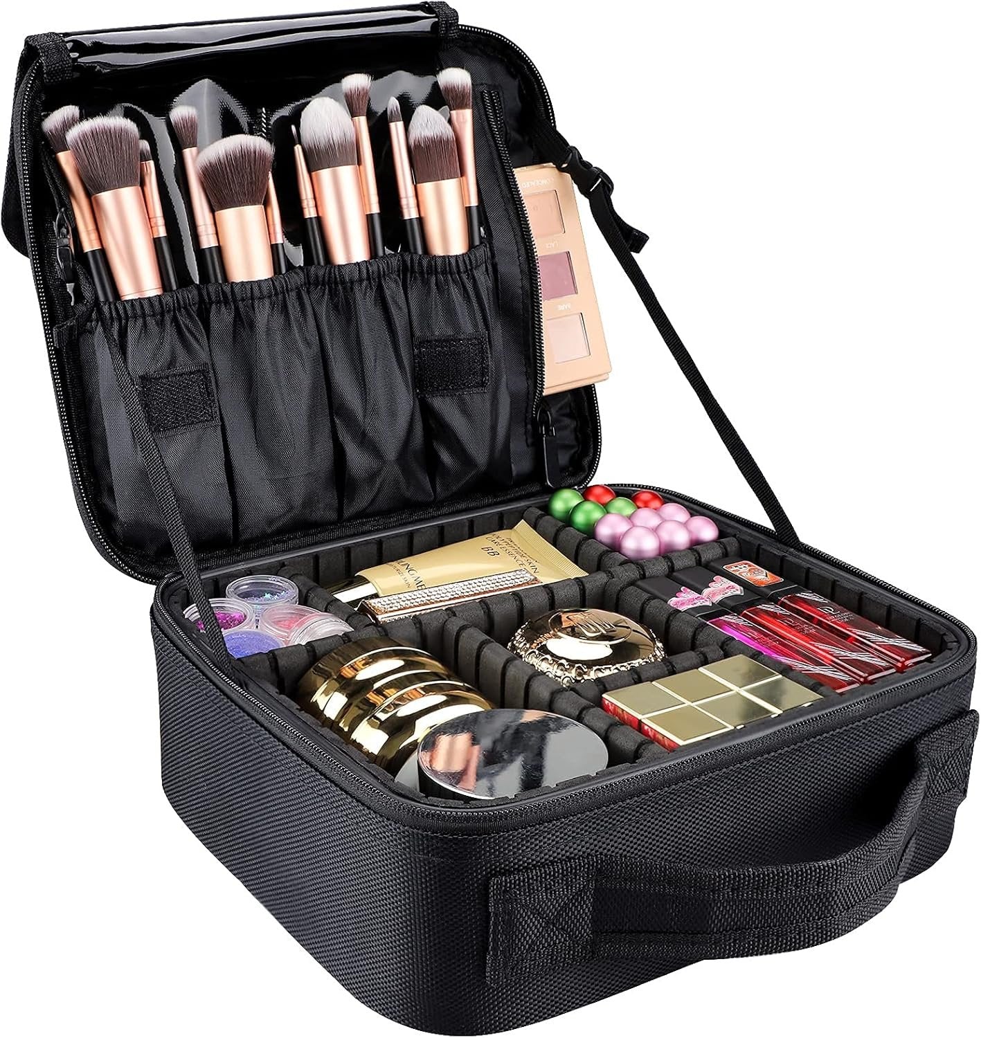 GZCZ Travel Makeup Bag,Large Capacity Makeup Train Case Portable Artist Cosmetic Bag with Adjustable Dividers for Cosmetics Makeup Brushes Toiletry Jewelry Digital Accessories （S - Black）