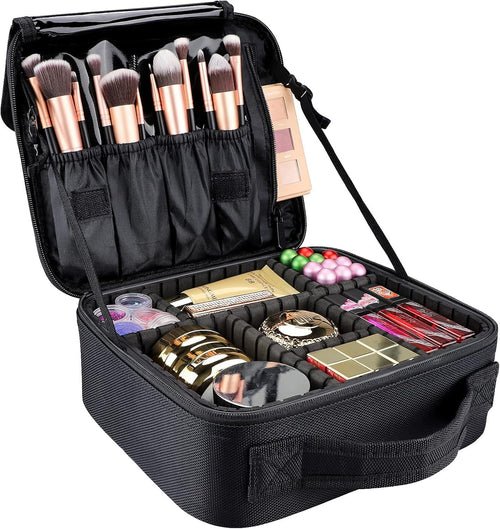 GZCZ Travel Makeup Bag,Large Capacity Makeup Train Case Portable Artist Cosmetic Bag with Adjustable Dividers for Cosmetics Makeup Brushes Toiletry Jewelry Digital Accessories （S - Black）