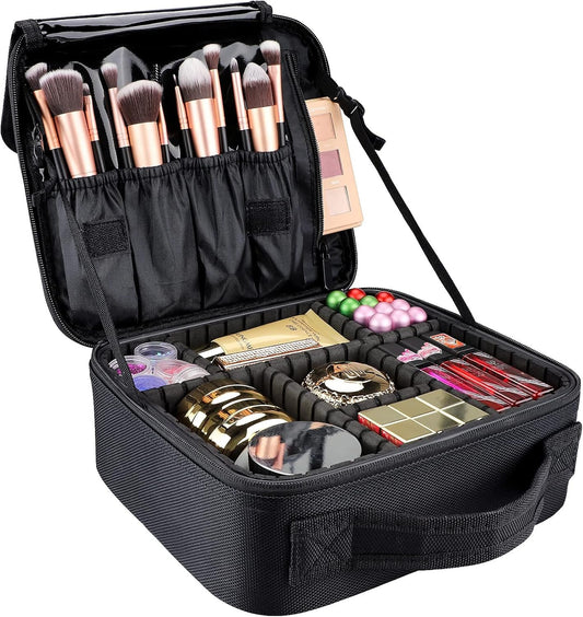 GZCZ Travel Makeup Bag,Large Capacity Makeup Train Case Portable Artist Cosmetic Bag with Adjustable Dividers for Cosmetics Makeup Brushes Toiletry Jewelry Digital Accessories （S - Black）