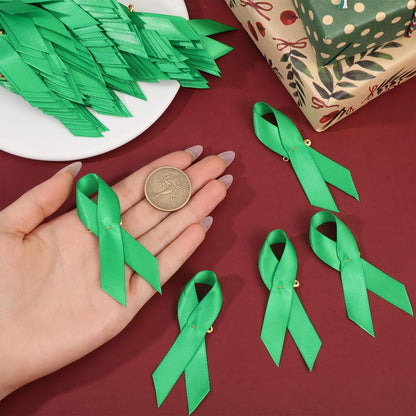 GLOBLELAND 100Pcs Mental Health Awareness Ribbon Green Satin Ribbon Lapel Pins for Charity Events Ribbons with Safety Pins for Women Men