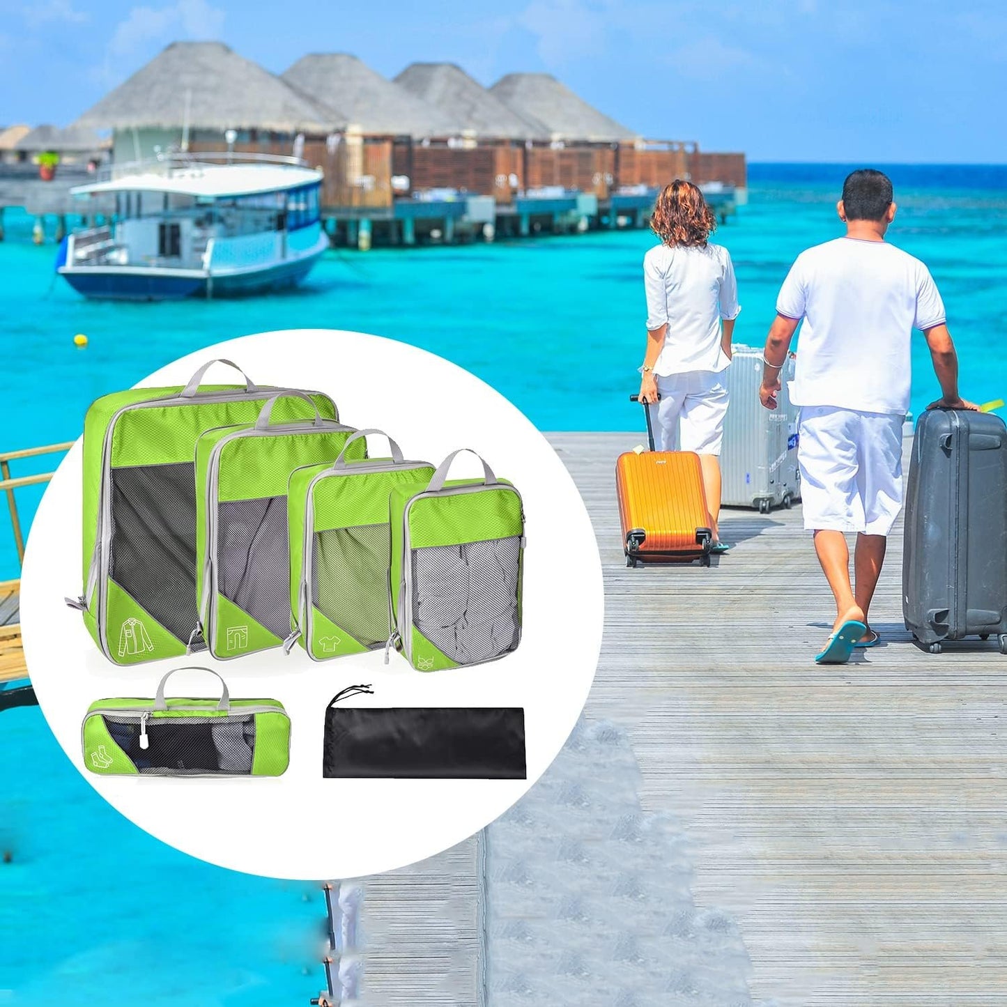 Compression Packing Cubes, ESHATO 6 Pieces Travel Luggage Organizer Accessories Extensible Storage Bags Travel Cubes for Suitcases (Green)