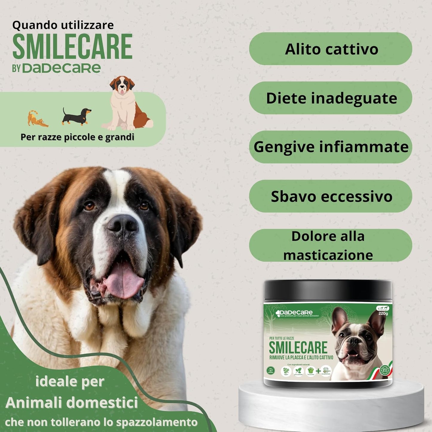 Smilecare Bad Breath Powder 220g Kelp - Natural Alternative for Dogs and Cats, Improves Breath, Reduces Tartar, Prevention Dental Problems - No Daily Brushing