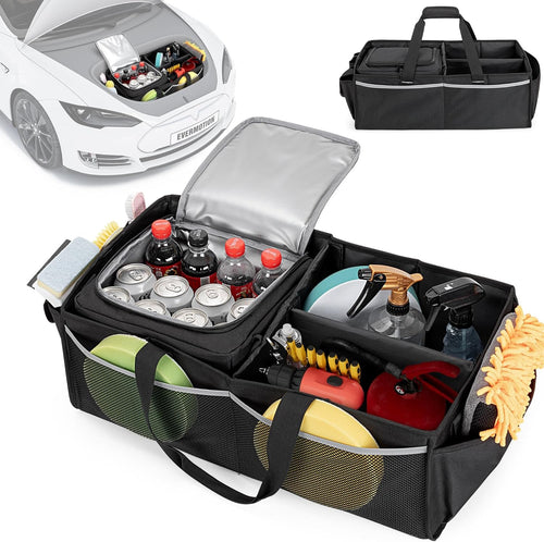 GRAOSO Front Trunk Organizer with Cooler Bag Compatible with Tesla Model 3 / Model Y, Frunk Storage Bag Collapsible with Multi-Compartment for Trip Accessories, Tools, Food and Drink, Black