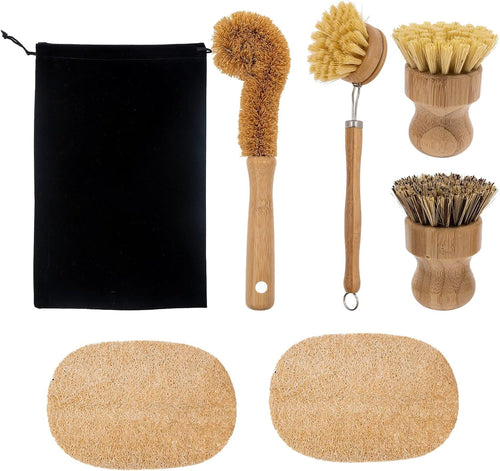 4 Pieces Bamboo Scrub Brush Eco-Friendly Kitchen Cleaning Brush Set Mini Pot Brush Natural Bamboo Dish Scrubber with Bamboo Handle for Kitchen Cleaning Dishes Pots Pans