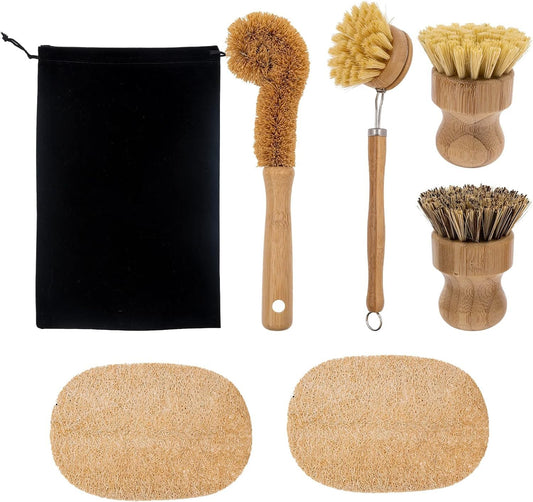 4 Pieces Bamboo Scrub Brush Eco-Friendly Kitchen Cleaning Brush Set Mini Pot Brush Natural Bamboo Dish Scrubber with Bamboo Handle for Kitchen Cleaning Dishes Pots Pans