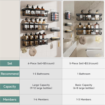 Veken Stainless Steel Shower Caddy 6-Pack, No Drilling & Rustproof, Waterproof Adhesive Shelves Rack with Soap Holder, Large Capacity Bathroom Organizers and Storage, Wall-Mounted Kitchen & Home Decor